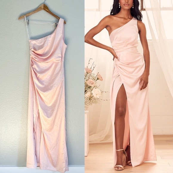 Blush Pink Satin One-Shoulder Maxi Dress - Picture 1 of 12